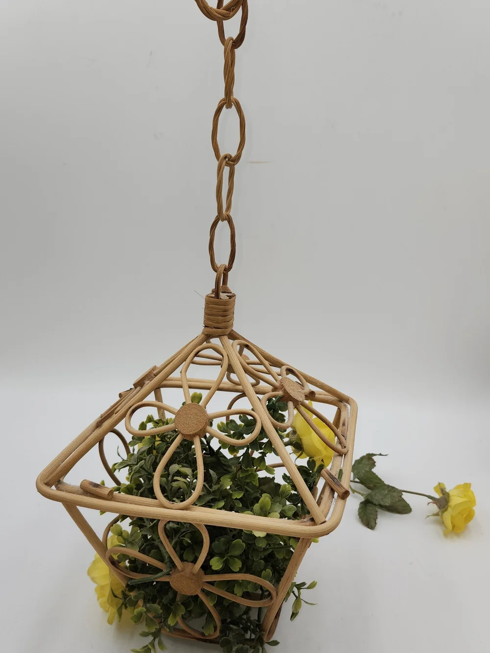 Vintage CANE Hanging bird cage planter rattan flower pot decor BOHO